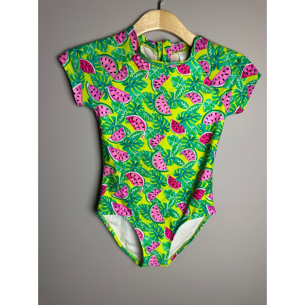 Cat & Jack Girls Watermelon Tropical Rash Guard One Piece Swimsuit Green L 10/12